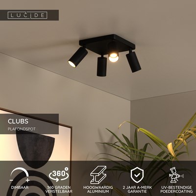 Lucide CLUBS - Plafondspot - 4xGU10 - Zwart